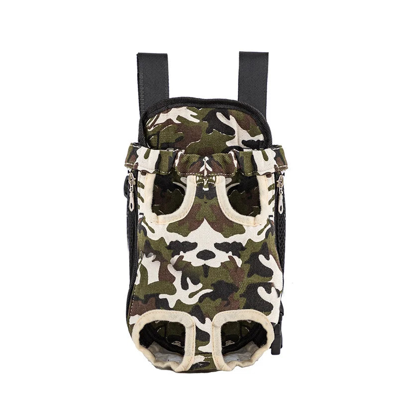 A dark green and brown camouflage dog carrier backpack with black straps.