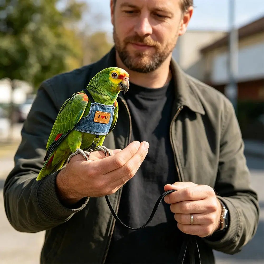 Un hombre sostiene un loro verde en un juego de arnés y correa de vuelo de mezclilla ajustable.