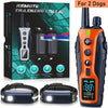 An orange remote dog training collar with a black case and a black collar shown next to its packaging.