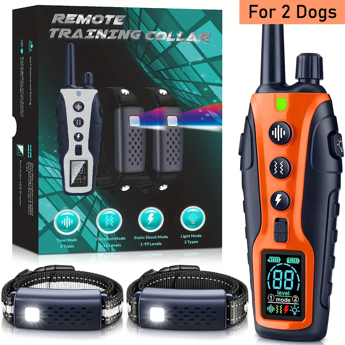 An orange remote dog training collar with a black case and a black collar shown next to its packaging.