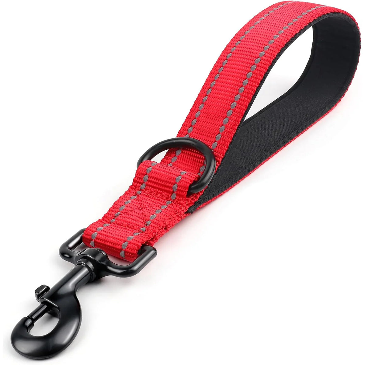 A red heavy-duty short dog leash with a padded handle and black strap is shown.