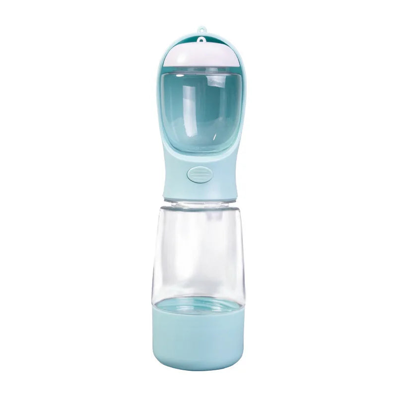 A light blue portable 3-in-1 pet water bottle with a clear dispenser top and base.