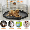 A black wire dog playpen with a mat, shown alongside images of cats, rabbits, ducks, and dogs.