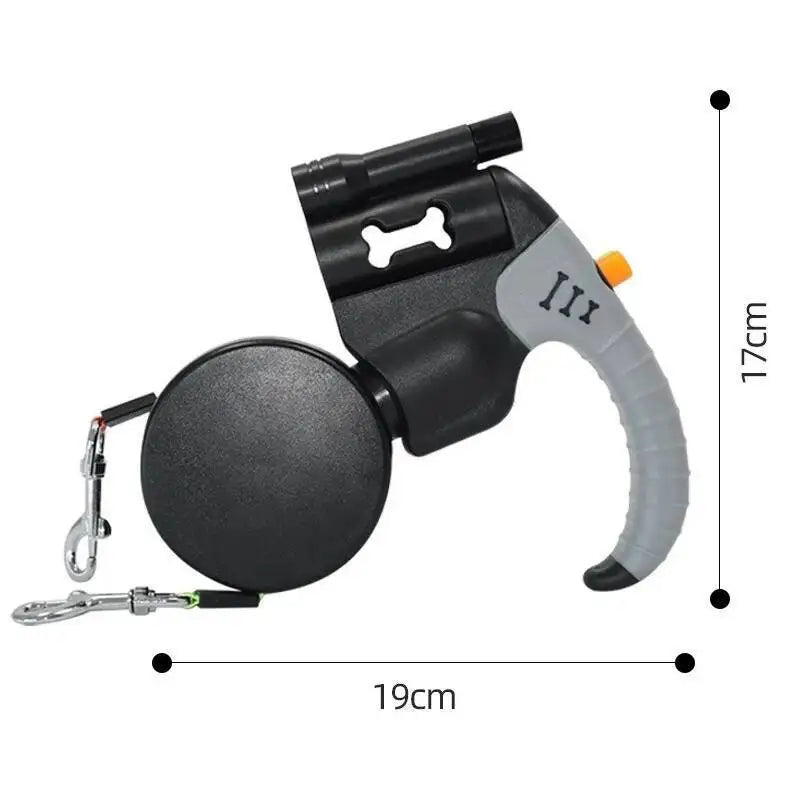 Black and gray double dog retractable leash with a built-in LED flashlight.