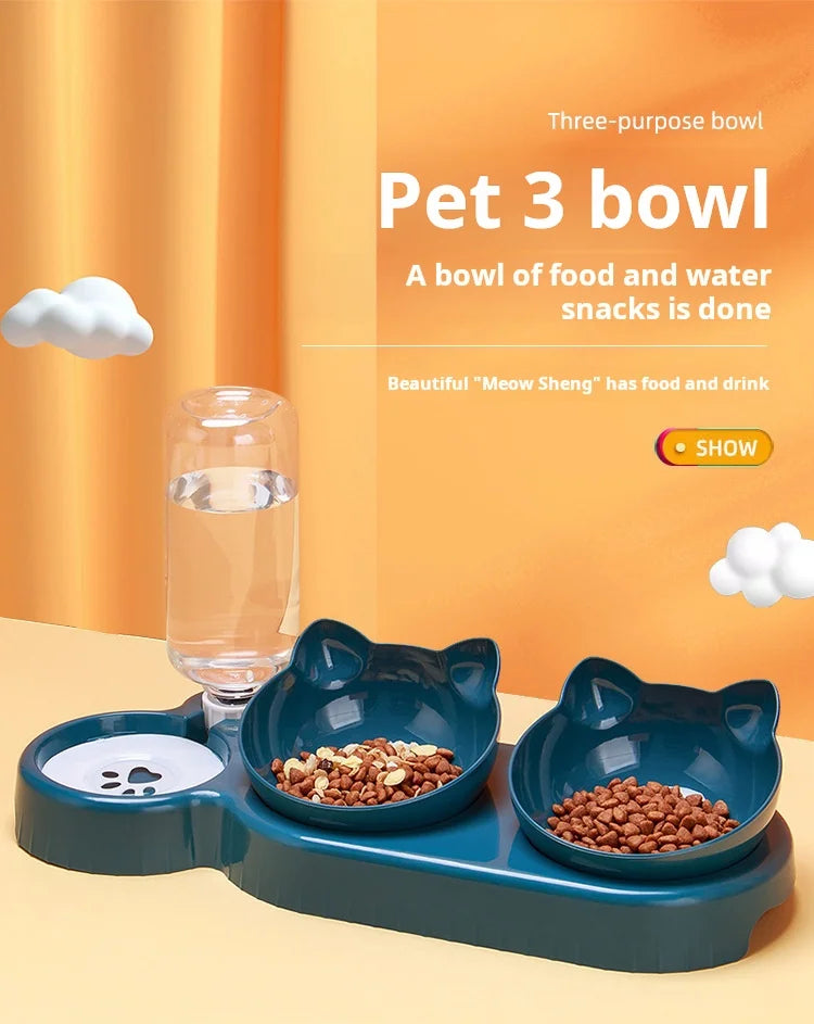 Türkis Pet Schüsselsatz mit Essgeschirr und Wasserverteiler auf orangem Hintergrund.