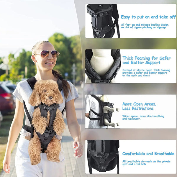 A woman is wearing a black pet carrier backpack on her chest while holding a fluffy dog.