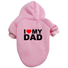 Pink plush hoodie with black text reading I love my dad on the chest