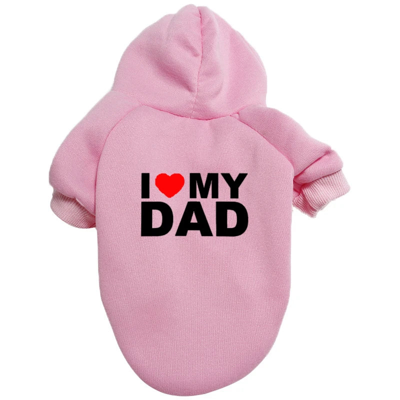 Pink plush hoodie with black text reading I love my dad on the chest