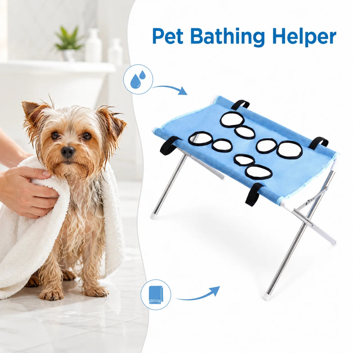 A blue pet bathing helper stand with a towel and goggles is shown next to a small dog.