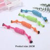 Colorful hemp rope chew toys for dogs in various colors like blue, green, orange, and pink.