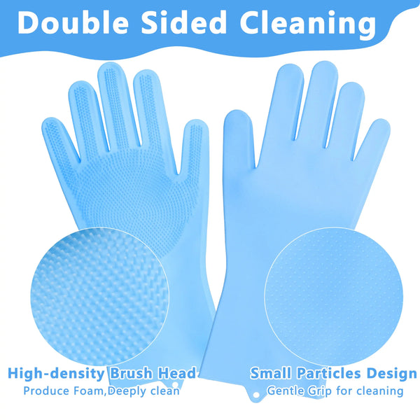 Light blue silicone pet bathing gloves showing the high-density brush head and small particles design for gentle cleaning