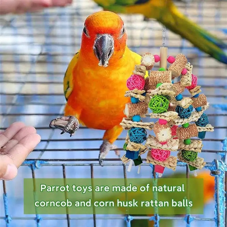 A bright orange parrot is perched on a wire mesh, surrounded by natural corncob and corn husk rattan balls.
