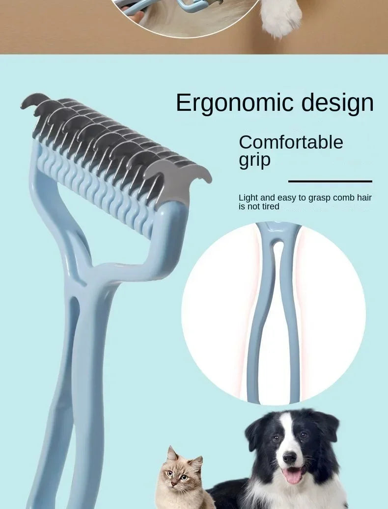 A light blue ergonomic pet grooming brush designed for a comfortable grip, shown next to a cat and a dog.