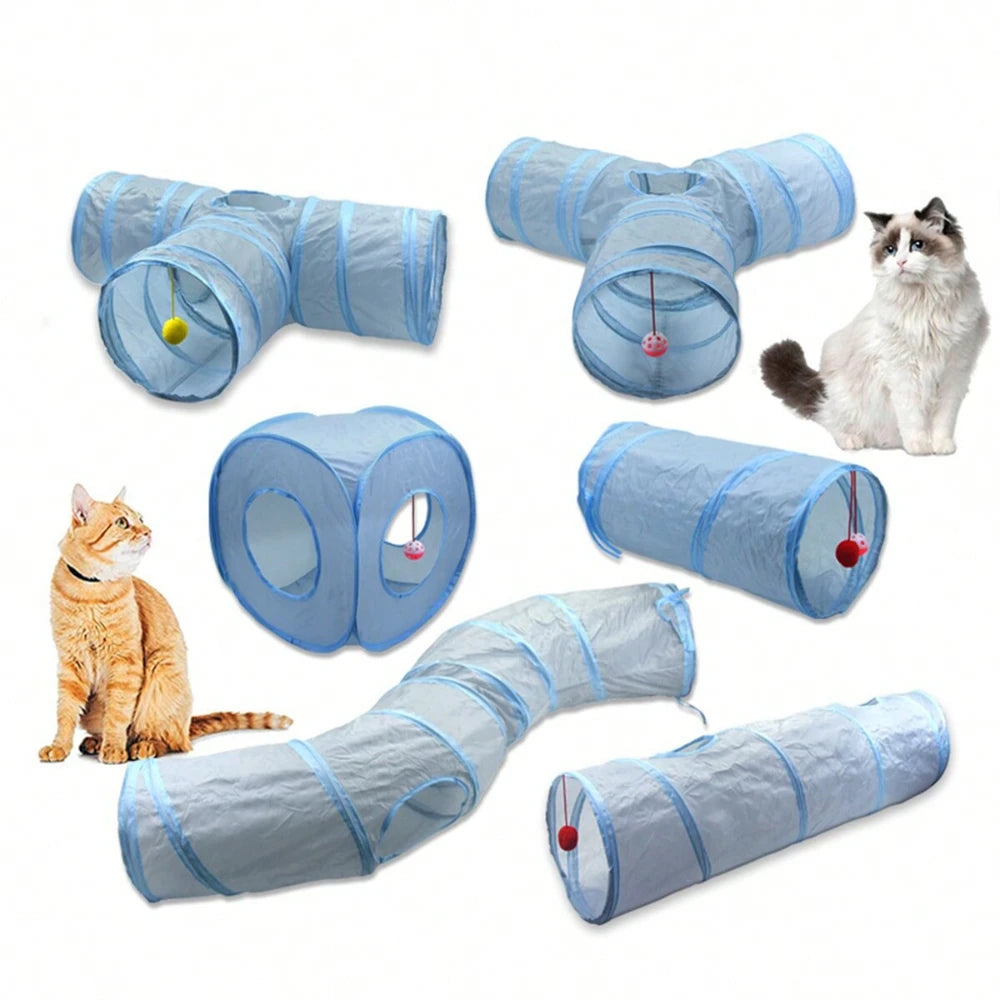 A collection of light blue foldable cat tunnels and tubes for pets, including various sizes and a cat.