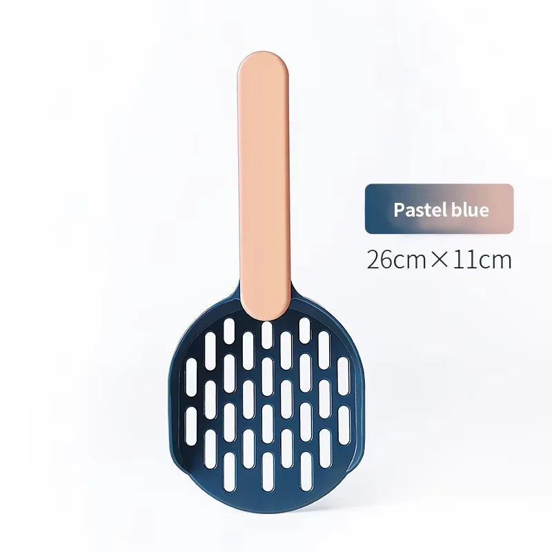 A pastel blue large-capacity cat litter scoop with a quick-sift design shown against a white background.