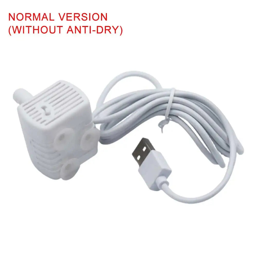 A white normal version water pump with a coiled wire and connector for pet fountains.