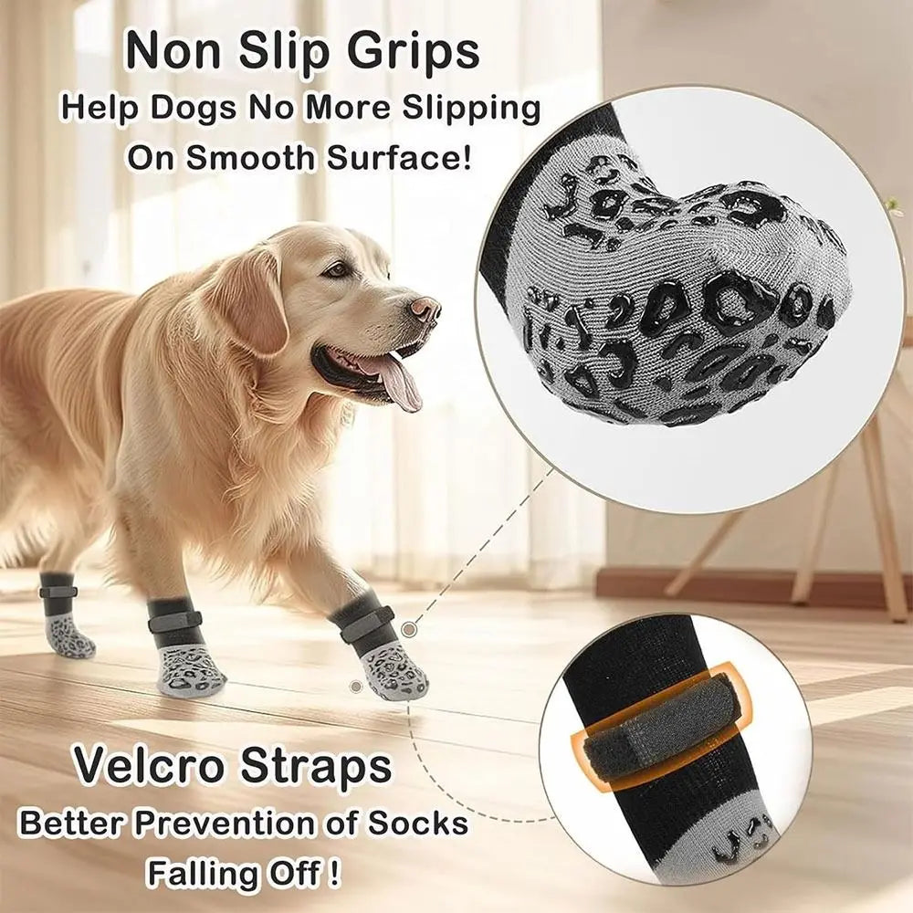 Anti-slip cotton dog socks with velcro straps designed to prevent slipping on smooth surfaces