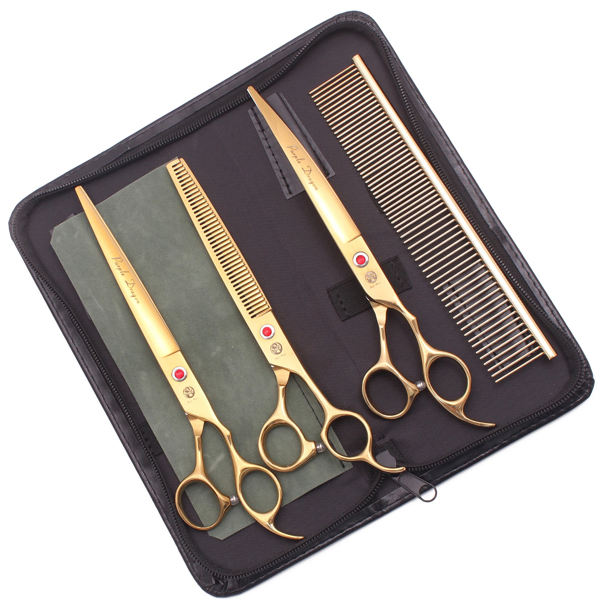 A set of professional stainless steel pet grooming scissors and a comb stored in a black zippered case.