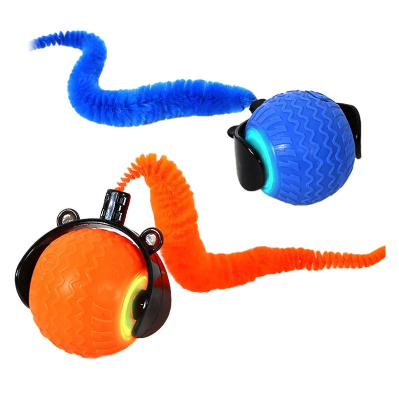 An intelligent pet ball toy for cats featuring a blue, orange, and bright blue textured ball with flashing lights.