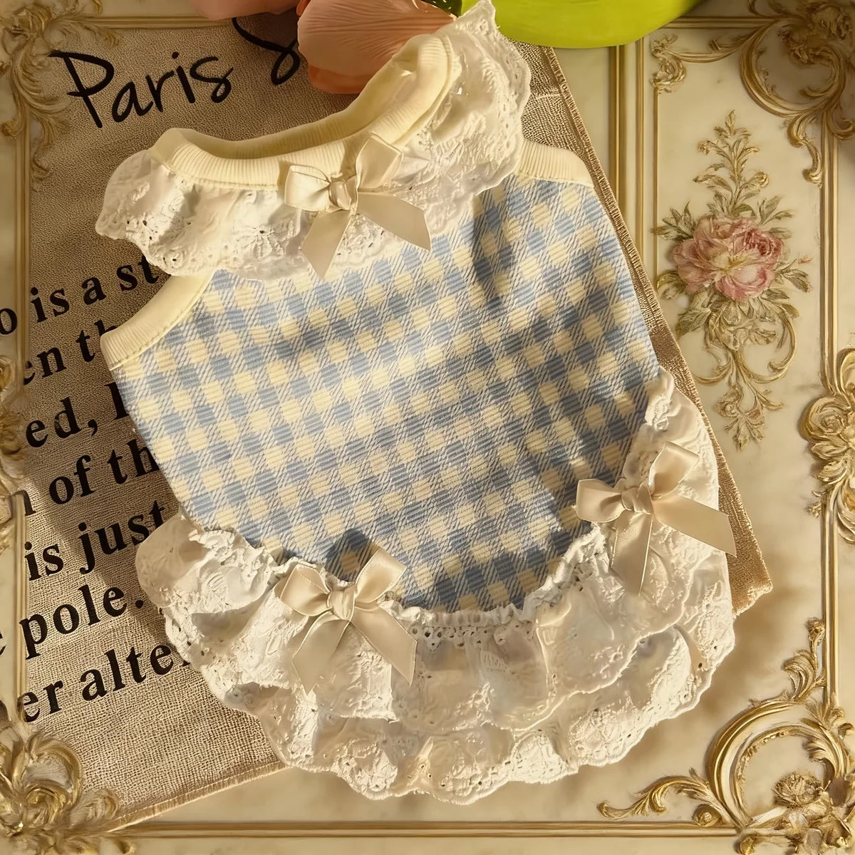 Plaid Lace Pet Dress with Bowknot for Small Dogs and Cats
