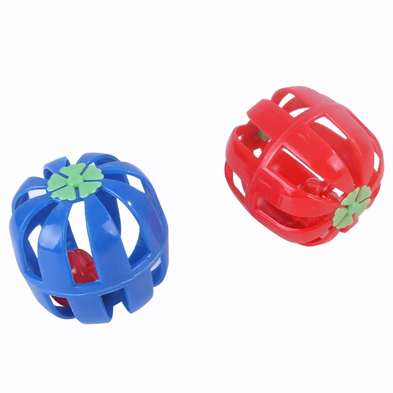 A set of red and blue interactive cat play tunnel toys with mouse balls and a feather wand.