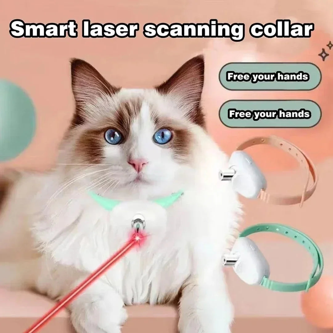 A fluffy white and brown cat is interacting with a smart laser scanning collar toy.