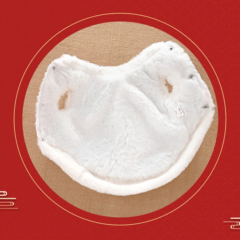 A white, fluffy dog coat with light gray trim is displayed on a beige background within a red circular frame.