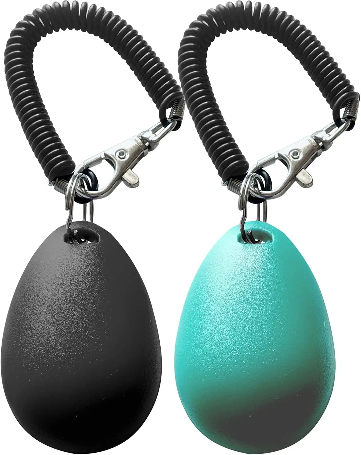 A pair of pet training clickers, one black and one teal, with black wrist straps.