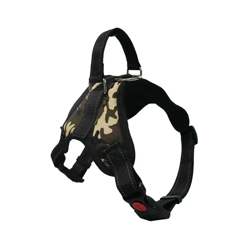Black adjustable no-pull dog harness with camouflage pattern and reflective strips