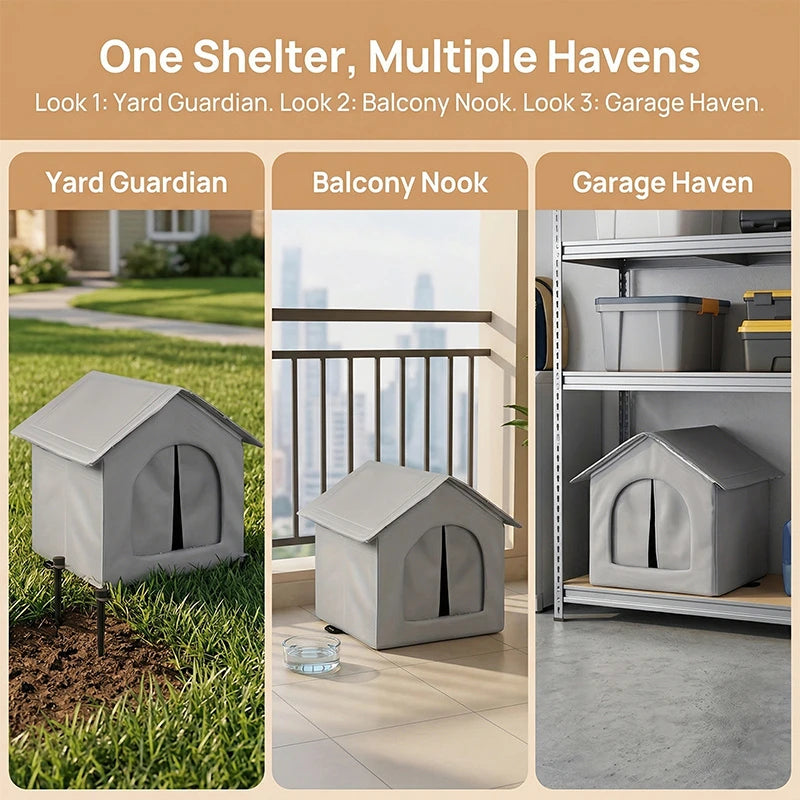 Three models of waterproof insulated cat houses: Yard Guardian, Balcony Nook, and Garage Haven.