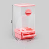 A pink hanging automatic bird feeder with a transparent window and feeding tray.