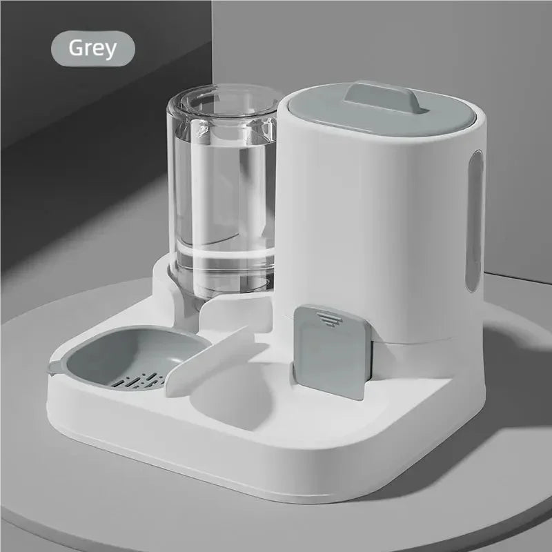 A white gravity water dispenser for pets sits on a light gray surface.