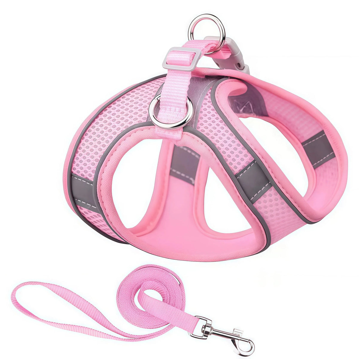 Pink reflective adjustable dog harness and leash set with a padded collar and strap