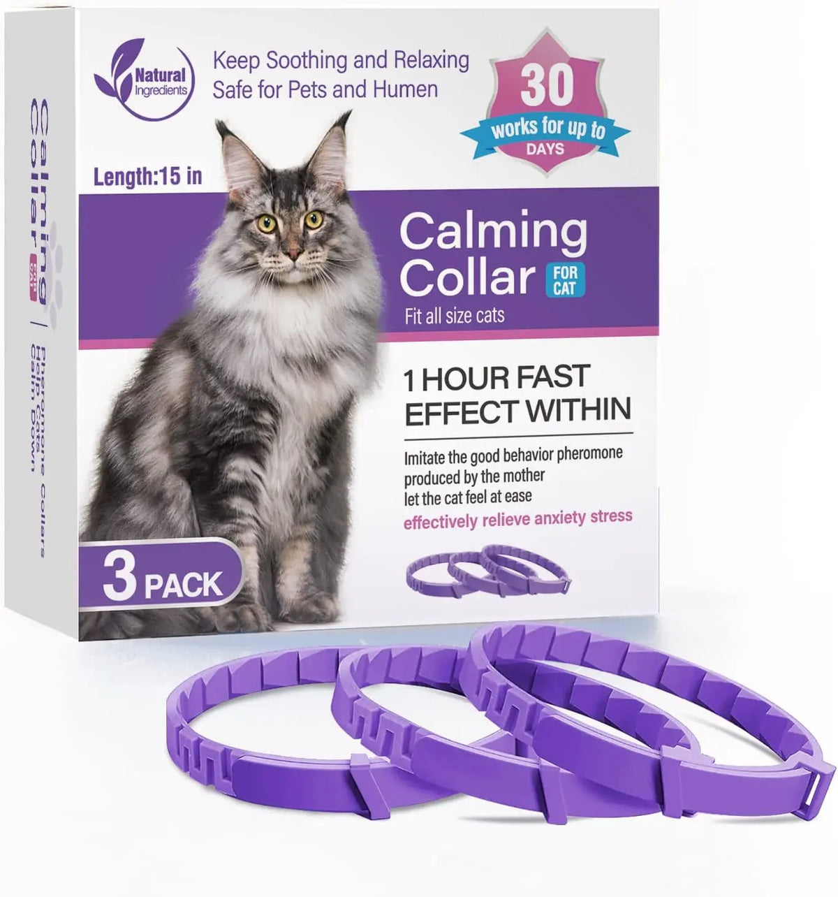 A box of a 3 pack calming collar for cats and dogs with natural pheromones, showing purple collars.
