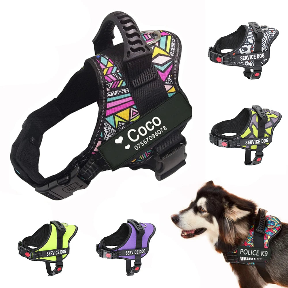Various dog harnesses and vests for service dogs shown in different colors and styles.