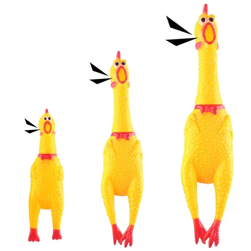 Yellow rubber screaming chicken squeaky dog toy with orange beak and red feet