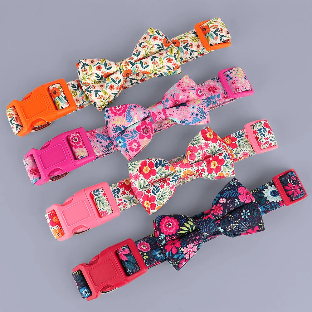 A set of floral nylon dog collars featuring adjustable bowknots in pink, orange, and multicolored patterns.