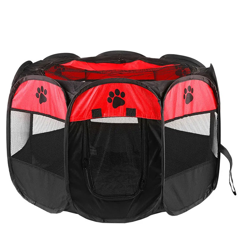 Schwarzes faltbares Tiernestbett mit roter Futter und Maschen für Hunde und Katzen.