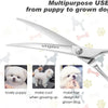 Silver professional curved pet grooming scissors shown with images of a puppy and a grown dog.