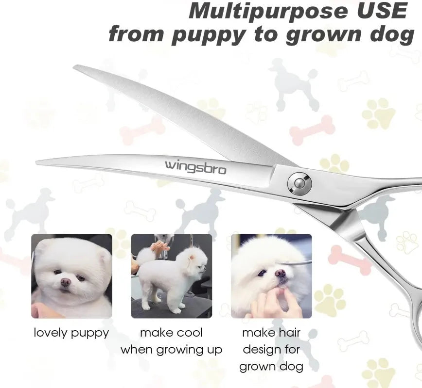 Silver professional curved pet grooming scissors shown with images of a puppy and a grown dog.