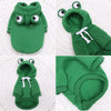 A green frog-shaped hoodie designed for dogs and cats, shown in various views.