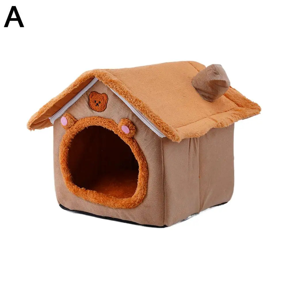 A cozy plush pet bed cave with a removable cushion for small dogs and cats, featuring an entrance and a felt roof.