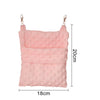 A pink, quilted hanging sleeping bag for small pets with metal loops.