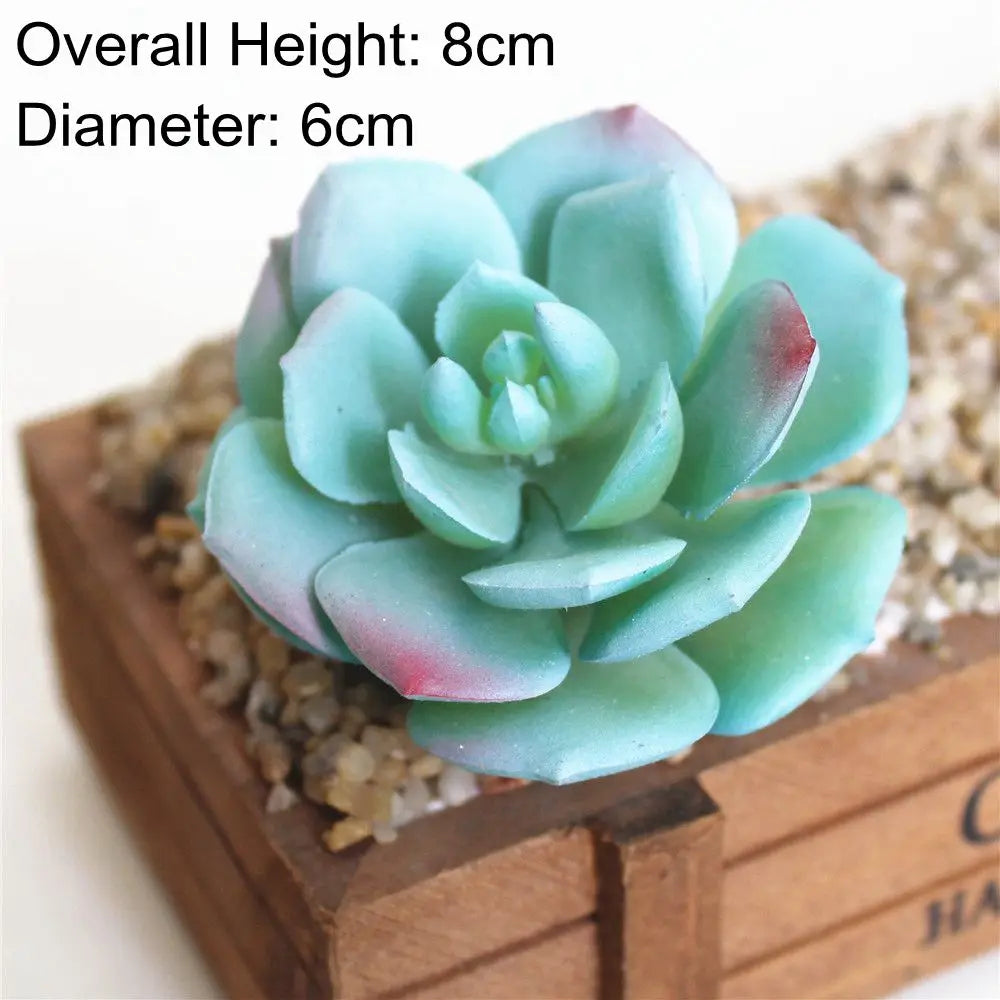 A light blue succulent plant with rounded leaves is displayed in a wooden box on a bed of small gravel.