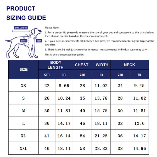 A sizing guide chart for Santa Claus holiday dog pajamas showing measurements in centimeters and inches for various sizes.