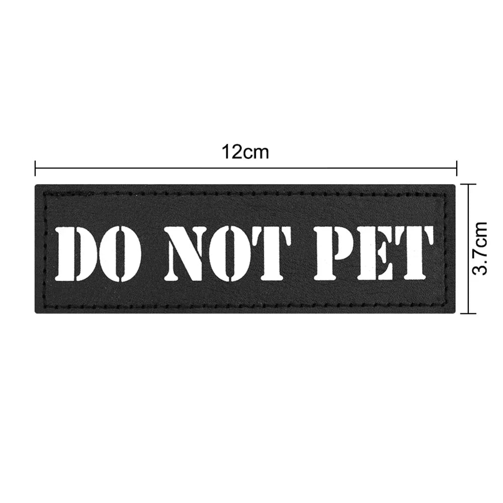 Black rectangular tactical patch with white text DO NOT PET and dimensions 12cm by 3.7cm