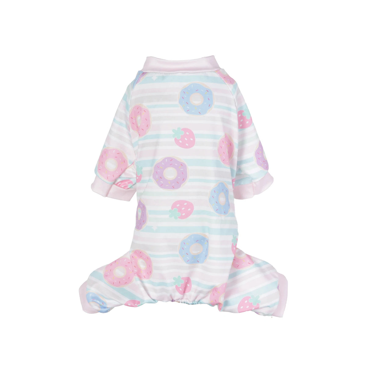 A light pink and blue striped dog jumpsuit with colorful donut and strawberry patterns.