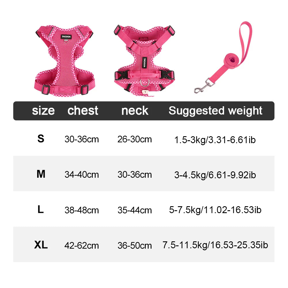 Pink breathable mesh dog harness and leash set with reflective trim shown in various sizes