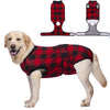 A golden retriever wearing a red and black plaid dog post-surgery recovery suit with attached orthopedic braces.