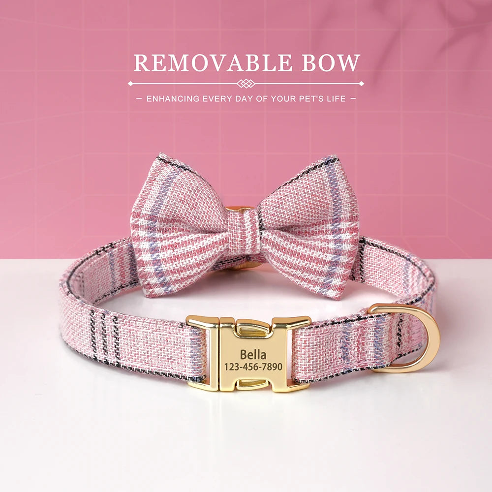 Pink and white plaid removable bow dog collar with a gold buckle and engraved nameplate.
